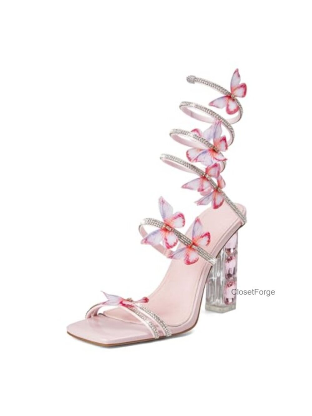 Square Toe Rhinestone Strappy Heels with Tulle Butterflies